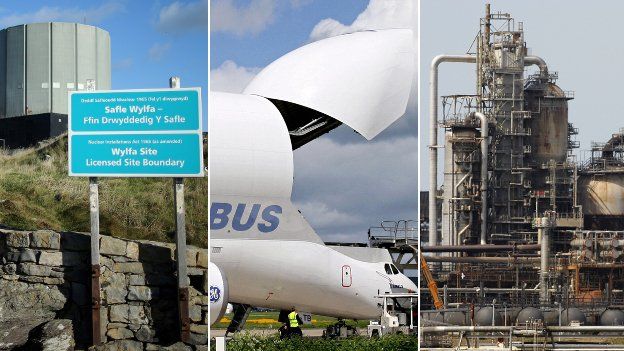 Welsh enterprise zones - Anglesey's Wylfa nuclear power station, Airbus on Deeside, and a refinery on the Milford Haven waterway