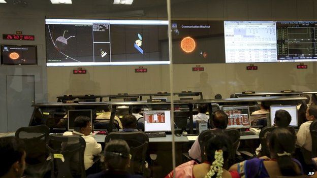 Indian Space Research Organisation scientists watch screens display the graphics explaining Mars Orbiter Mission