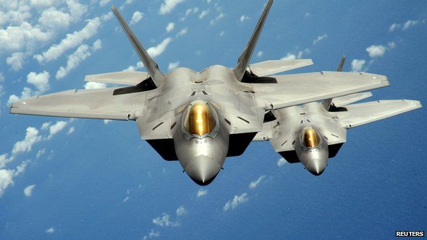 Two US Air Force F-22 Raptor stealth jet fighters