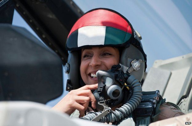 Major Mariam al-Mansouri in her F-16 jet, in an image from 13 June