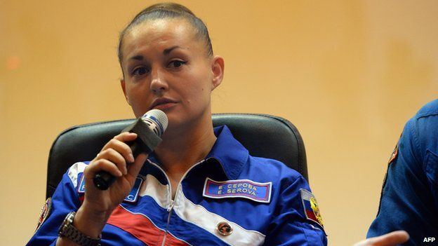 Russia's cosmonaut Yelena Serova attends a press conference at the Russian-leased Baikonur cosmodrome on September 24, 2014.