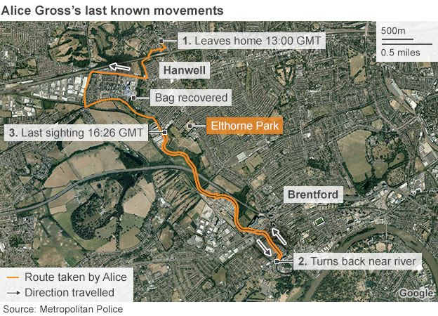 Map showing last movements of Alice Gross