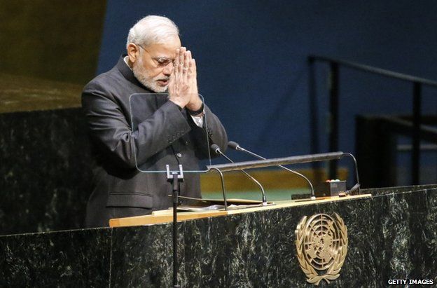 Narendra Modi bows after addressing the UN General Assembly in New York, 27 September