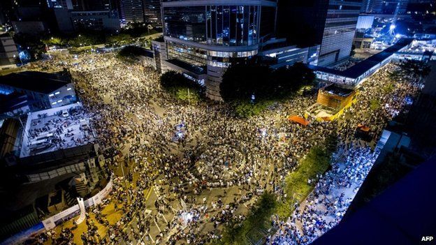 Protesters gather during a demonstration outside headquarters of the Legislative Counsel on 28 September 2014 in Hong Kong.