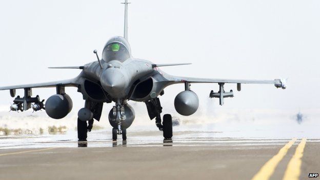 A Rafale fighter jet on the tarmac of a French air base at an unspecified location in the United Arab Emirates.