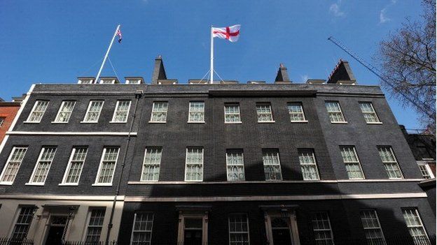The cross of St George, is flown over 10 Downing Street on St George's Day in central London on April 23, 2013