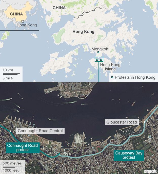 Map showing location of Hong Kong protests