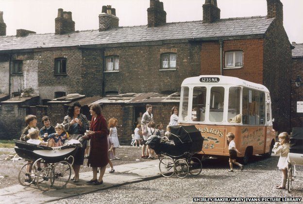 Ice cream van on terraced street, Manchester 1965