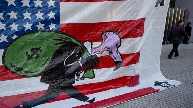US flag with vulture carrying bag of dollars
