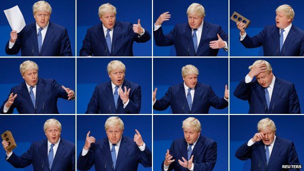 A combination photograph shows London Mayor Boris Johnson speaking at the Conservative Party Conference in Birmingham