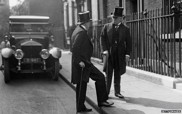 July 1919: British Prime Minister Lloyd George and Secretary for War and Air Winston Churchill outside number 10 Downing Street, London.
