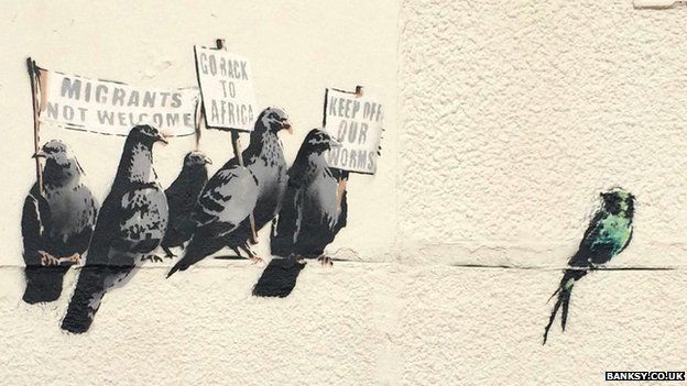 Banksy mural showing pigeons in Clacton