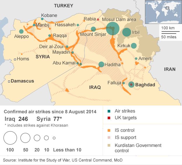 Map showing air strikes on Islamic State militants in Iraq and Syria - 01 October 2014