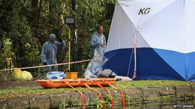 Forensic tents are set up beside the Grand Union Canal