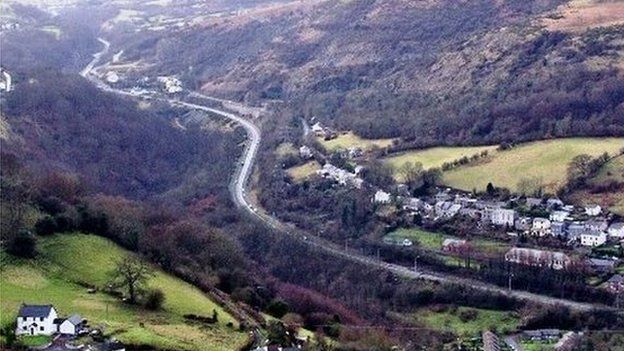 View from Gilwern Hill towards Brynmawr showing Heads of the Valleys Road, Cheltenham, Black Rock and Clydach Gorge