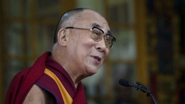 Tibetan spiritual leader the Dalai Lama speaks to a crowd in India on 2 Oct 2014