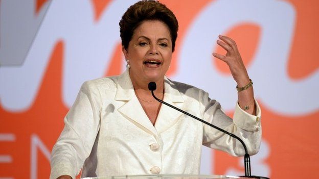 President of Brazil Dilma Rousseff delivers a speech in Brasilia on 5 October 2014