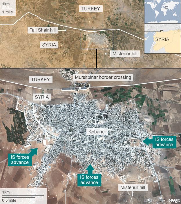 Map of Kobane showing IS advances