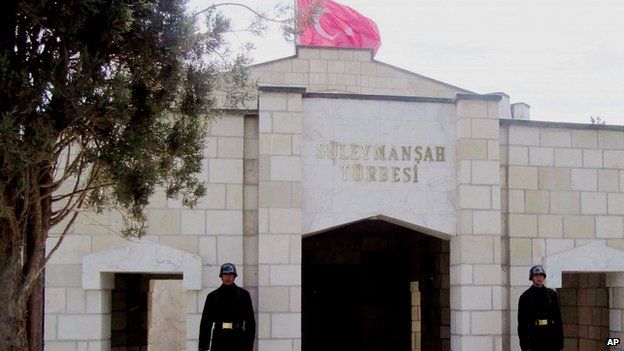 Turkish soldiers guard memorial site of Suleyman Shah, grandfather of Osman I, founder of Ottoman Empire, in Karakozak, north-east of Aleppo, Syria. 7 April 2011