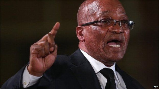 South African president Jacob Zuma speaks during an African National Congress (ANC) led alliance send off ceremony at Waterkloof military airbase on 14 December 2013 in Pretoria, South Africa
