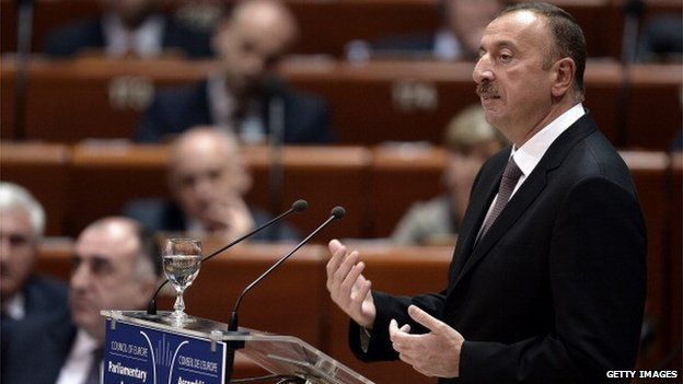 Azerbaijan President Ilham Aliyev delivers a speech to the Council of Europe in Strasbourg, eastern France, on 24 June 2014