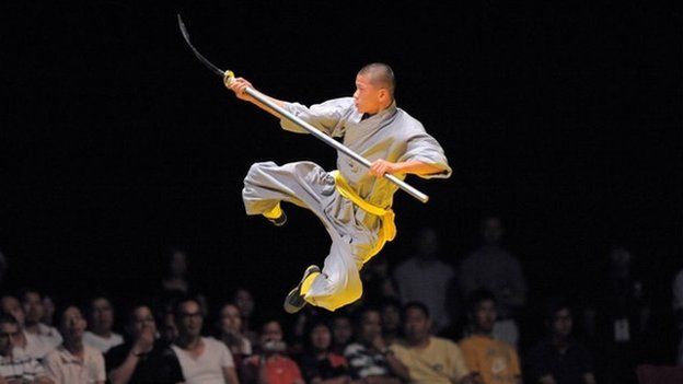 A Shaolin monk performs during the World Guoshu Competition Finals in Hong Kong in 2009.