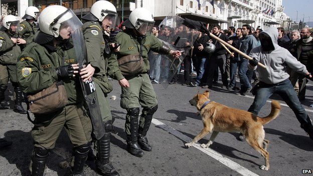 Loukanikos confronting riot police in Athens, 2011 - file pic