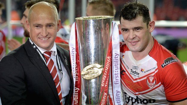 Saints' Nathan Brown and Paul Wellens with the Super League trophy