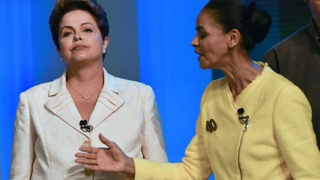 Dilma Rousseff (left) and Marina Silva are seen before their last TV debate in Rio de Janeiro, Brazil, on 2 October 2014