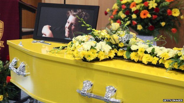 The coffin of 11-year-old Luke Batty at the funeral service for him at Flinders Christian Community College 21 February 2014 in Tyabb, Australia