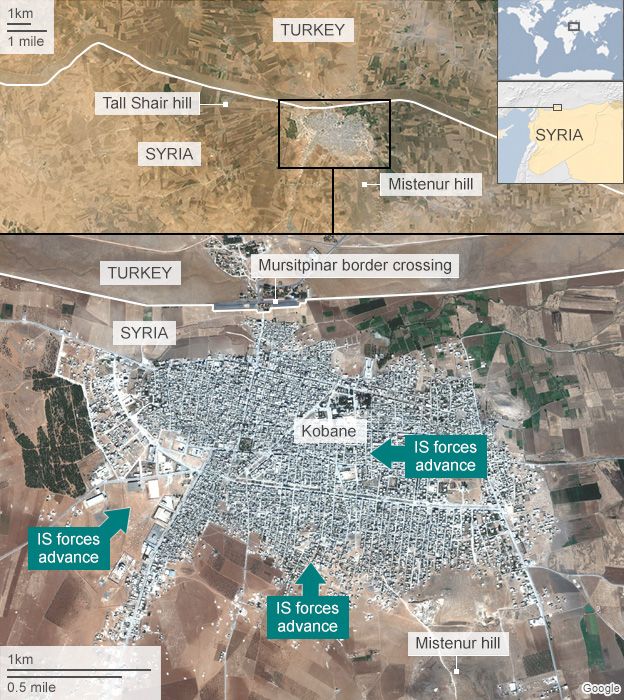Satellite image of Kobane labelled to show IS advances
