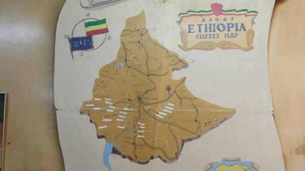 A map of Ethiopia on the wall at Tomoca's oldest coffee house
