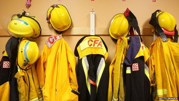 Firefighter uniforms hang at the CFA department on 11 February, 2009 in Hurstbridge, Australia