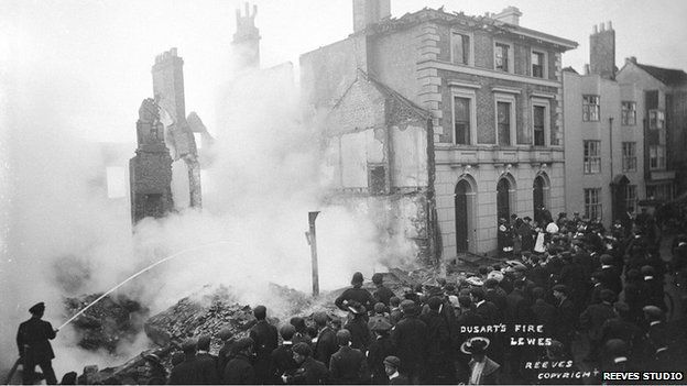 Firemen at blaze at Dusart's shop in 1904