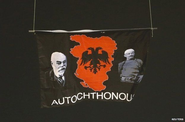 The Albanian nationalist flag over the pitch in Belgrade, 14 October