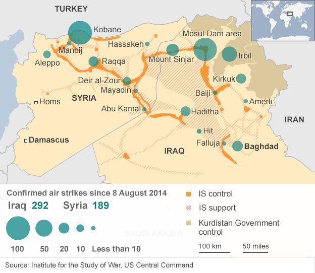 Map showing location and concentration of airstrikes in Iraq and Syria since 8 August 2014