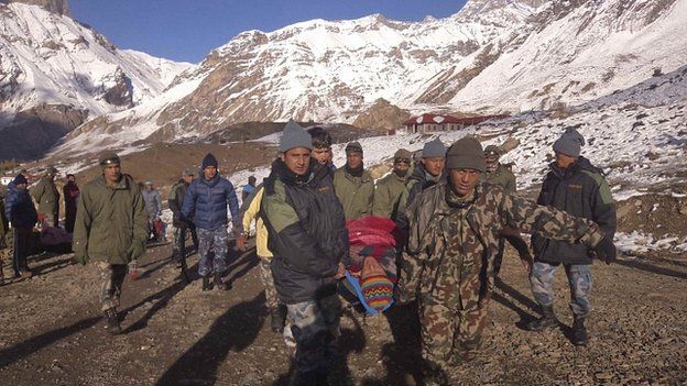 Nepalese soldiers carry man rescued from avalanche at Thorang-La in Annapurna Region. 15 Oct 2014