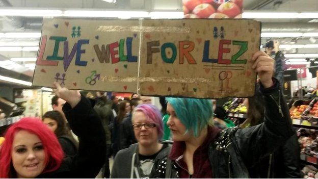 Protesters inside the Sainsbury's store