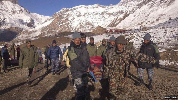 Nepalese soldiers carry man rescued from avalanche at Thorang-La in Annapurna Region. 15 Oct 2014
