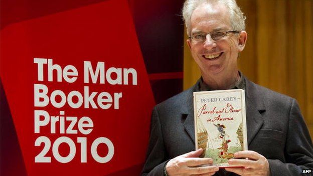 Australian writer Peter Carey, shortlisted for the Man Booker literary prize, poses with his book, 'Parrot and Olivier in America' at the Royal Festival Hall in London, on 10 October 2010.