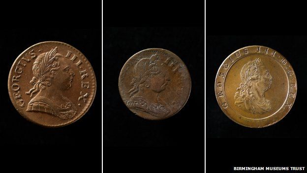 (Left to right) Royal Mint halfpenny, counterfeit halfpenny, Cartwheel penny made at Soho Mint in 1797