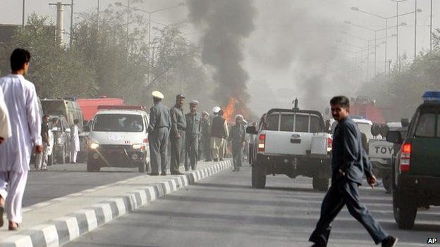 Aftermath of a suicide car bomb attack on an American military convoy in Kabul, Afghanistan, on 6 October 2007.