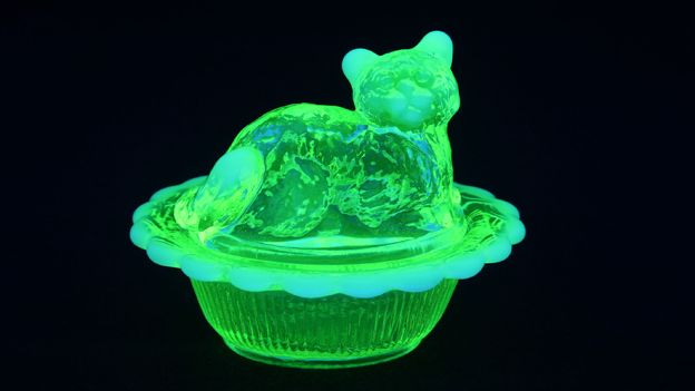 Uranium or vaseline glass cat in a basket shown under black light.