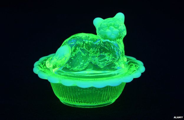 Uranium or vaseline glass cat in a basket shown under black light.