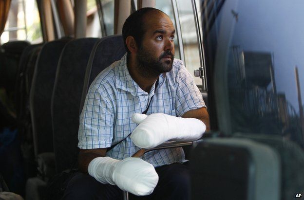 An injured trekker from Israel on a bus to Kathmandu, 18 October