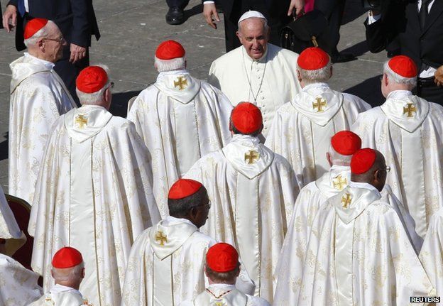 Pope Francis greets cardinals at the Vatican, 19 October