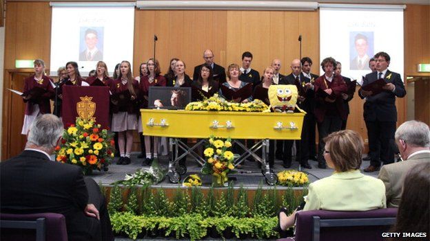The coffin of 11-year-old Luke Batty at the funeral service at the Flinders Christian Community College 21 February 2014 in Tyabb, Australia.