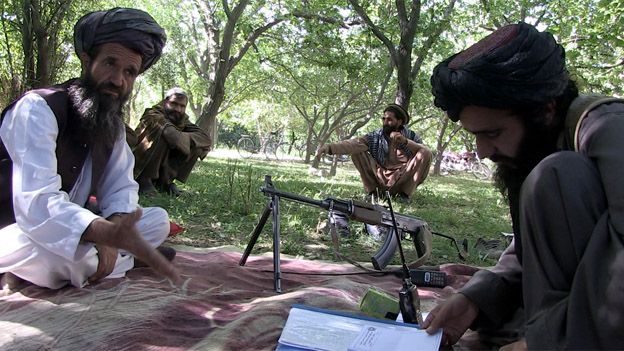 Taliban members hold court hearing in an orchard in the Tangi Valley, Afghanistan