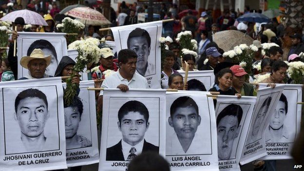Parents and relatives of the 43 missing students arrive for a mass at Basilica of Guadalupe in Mexico City on 19 October, 2014.