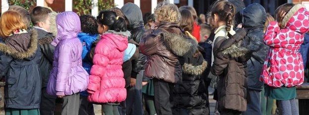 Schoolchildren lining up in a playground